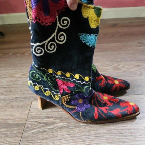 Colorful Rainbow Embroidered Maximalist Funky Gnarly Kitten Heel Boots - Picture 5 of 9